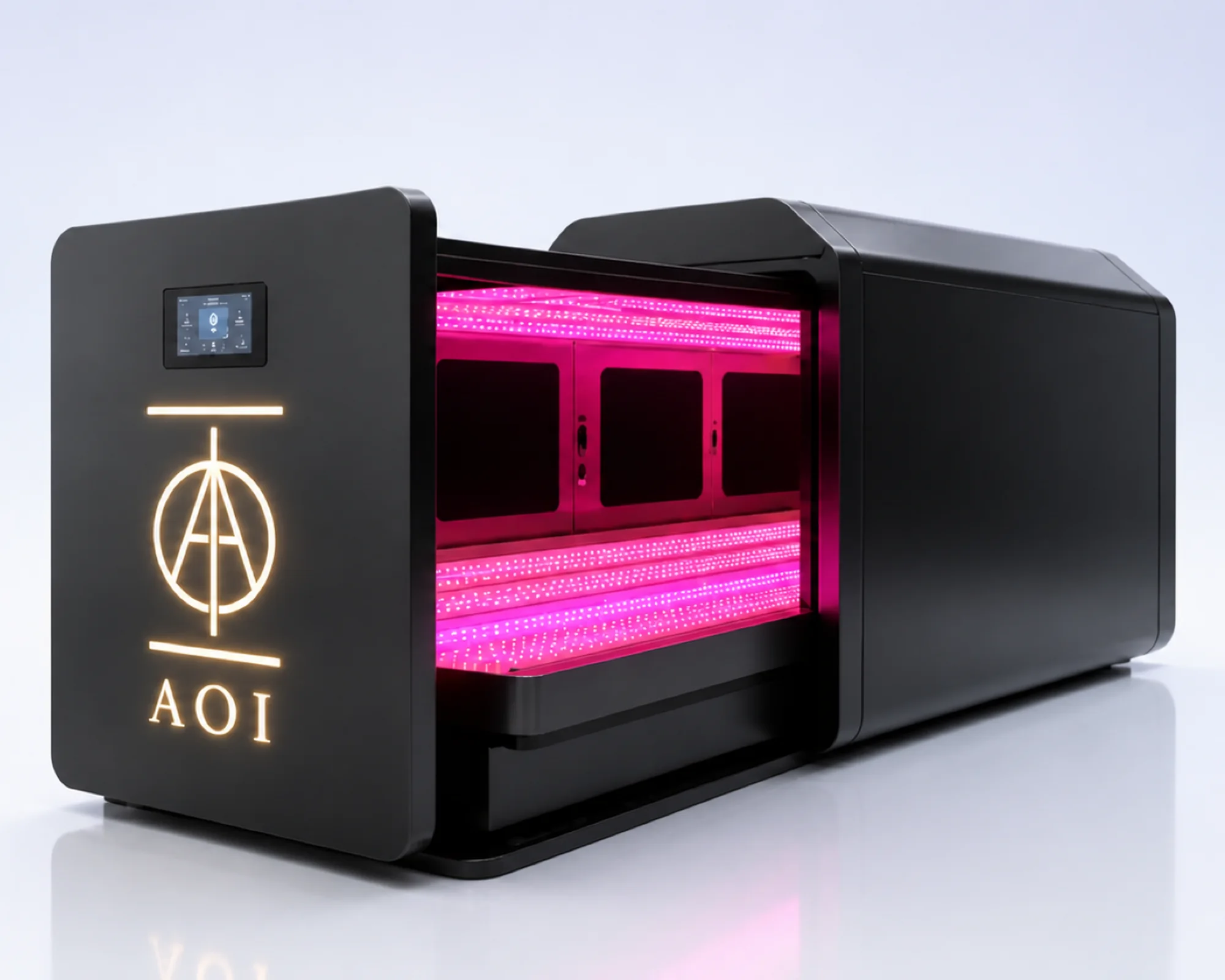 The AOI EARTH chamber, a horizontal capsule lit inside with magenta and pink LED strips