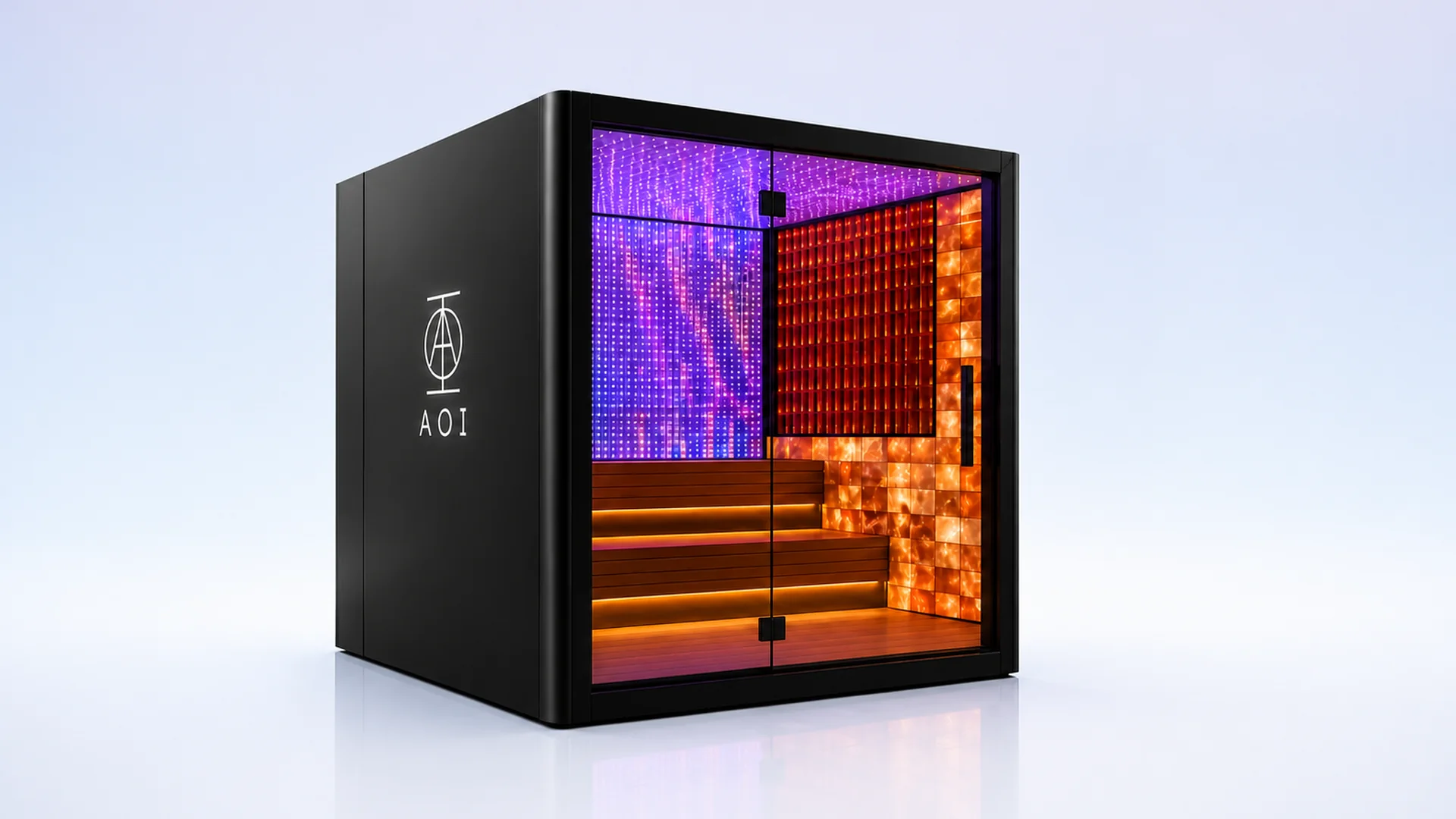 The AOI HEAT sauna, a black cabin with a salt-brick wall and violet LED panel behind timber benching