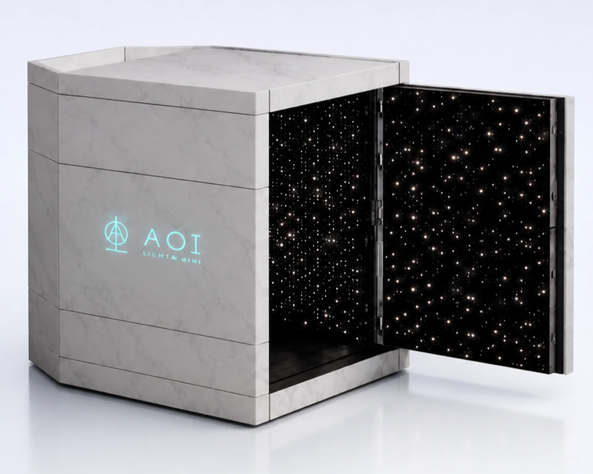 The AOI Light Mini, a compact marble-clad chamber with a star-field LED interior
