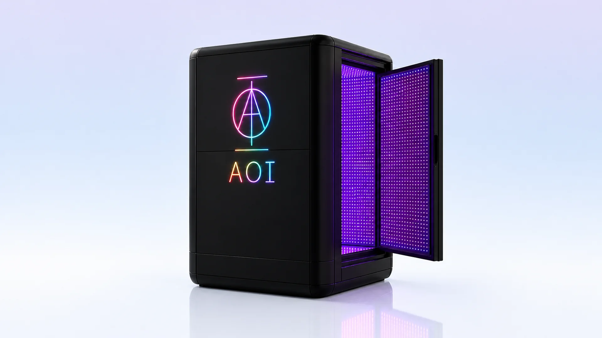 The AOI SPORTS PRO chamber in black, its illuminated logo beside an open door of violet LED panels