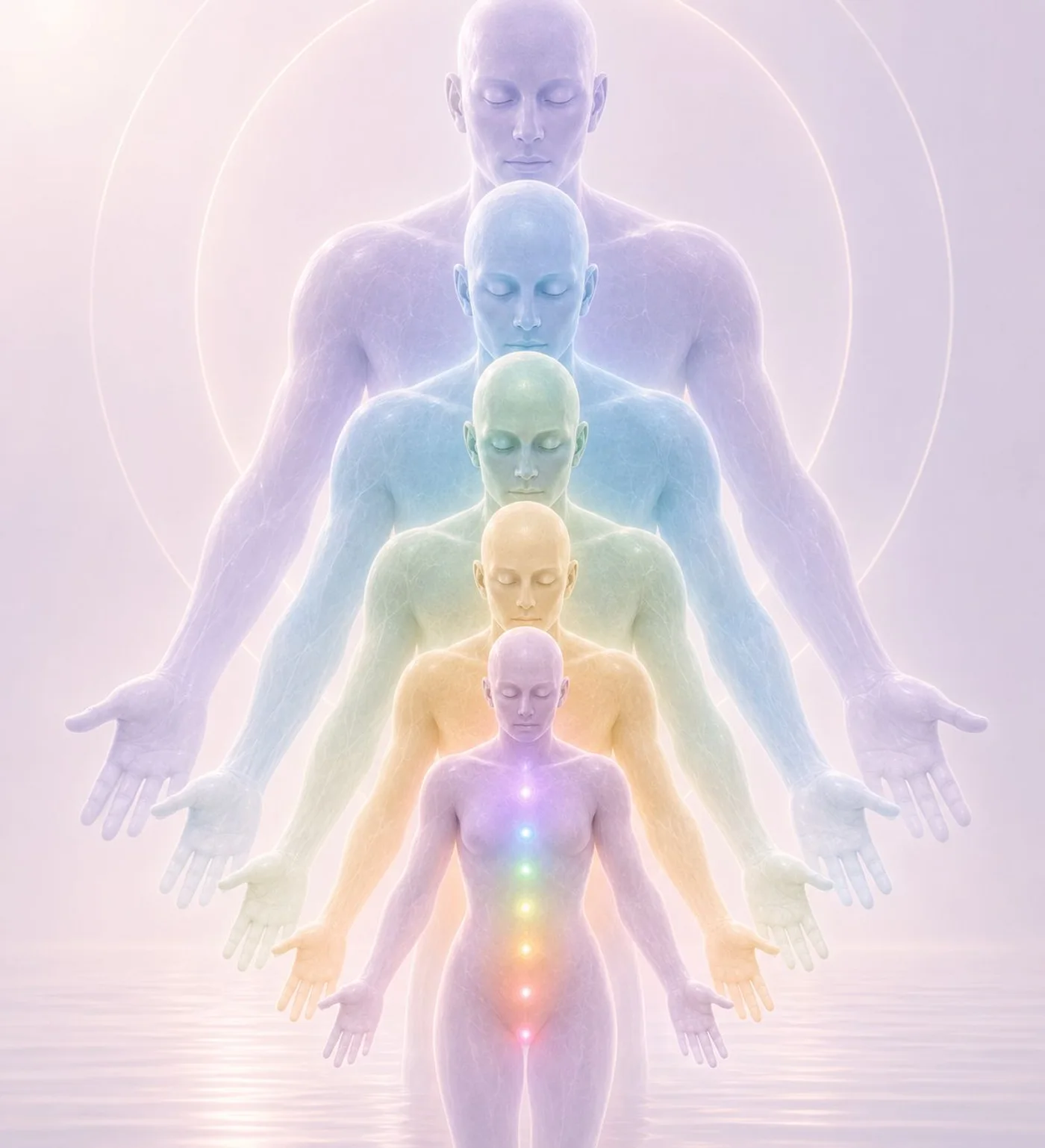 Five translucent figures standing one inside the next, in violet, blue, green, amber and rose, with points of coloured light along the centre line of the smallest