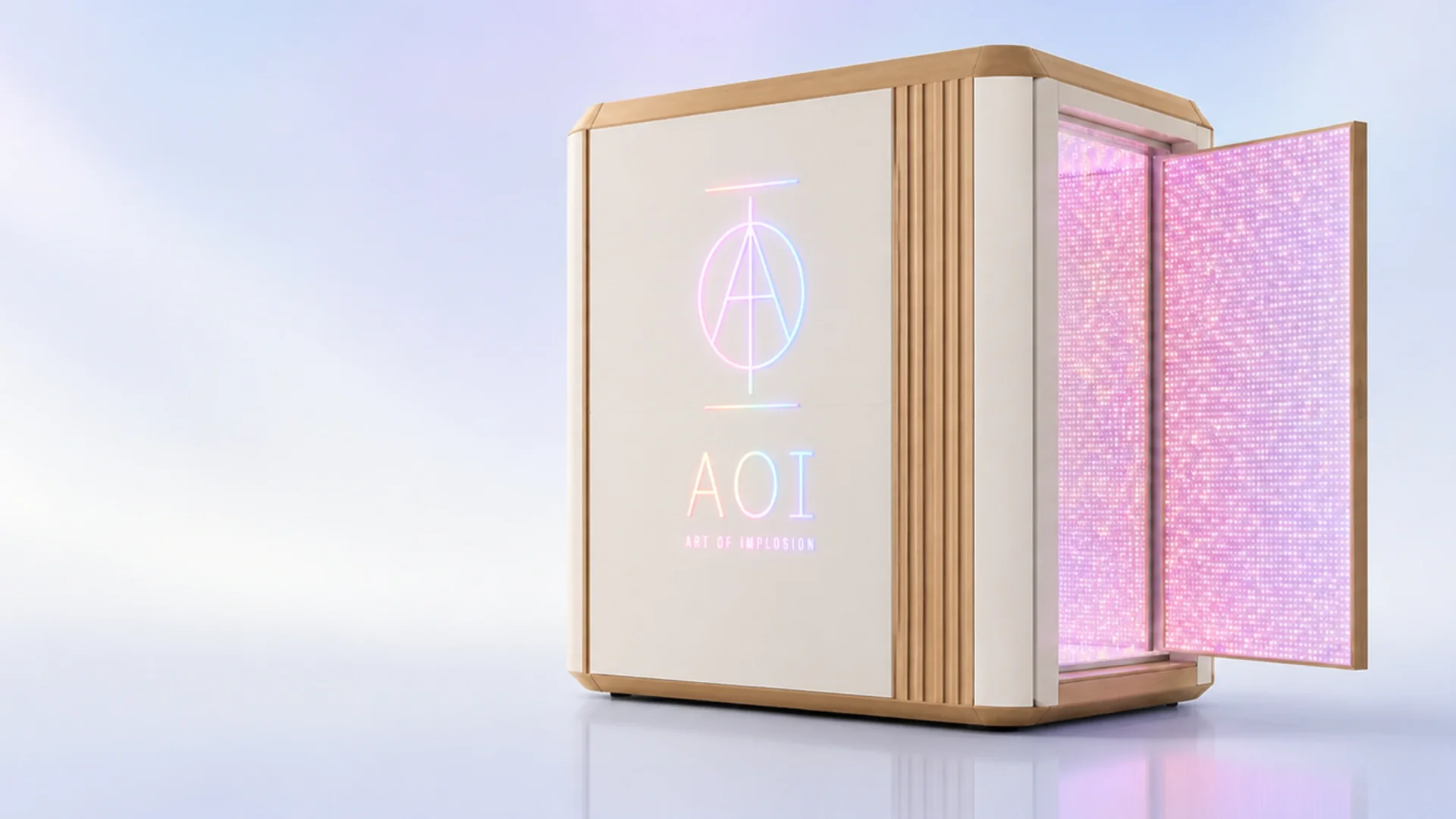 The AOI Pro chamber in cream and light wood, its door open on a glowing pink LED interior