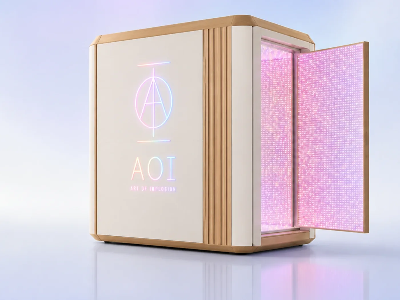 The AOI Pro chamber in cream and light wood, its door open on a glowing pink LED interior