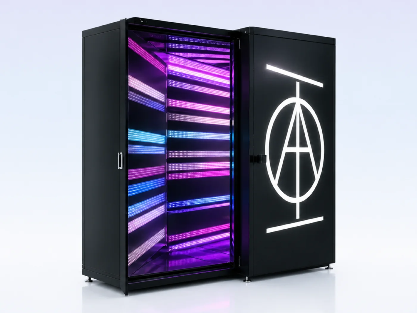 The AOI AIR chamber, its door open on tiered LED light panels in violet, blue and magenta