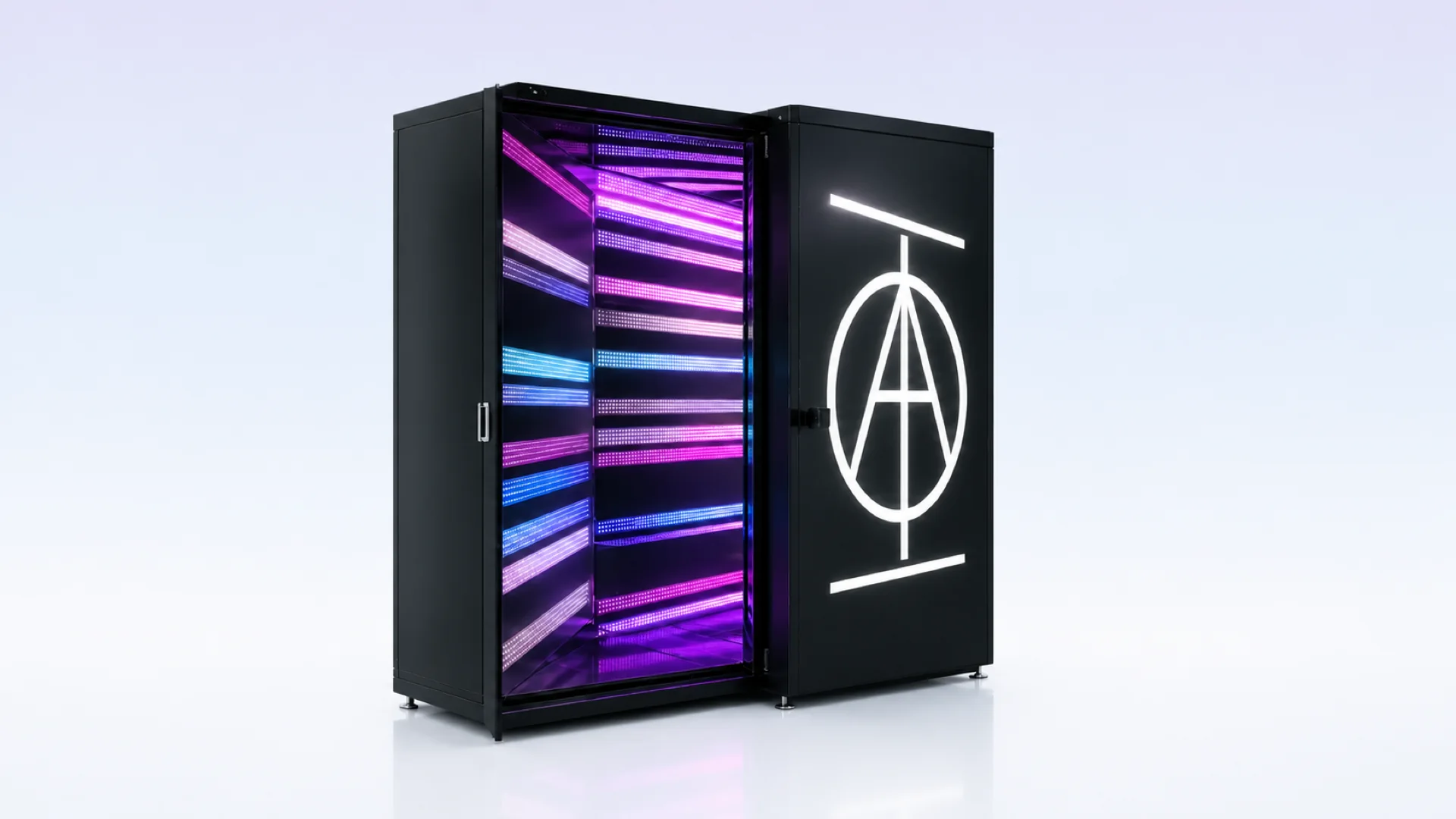 The AOI AIR chamber, its door open on tiered LED light panels in violet, blue and magenta