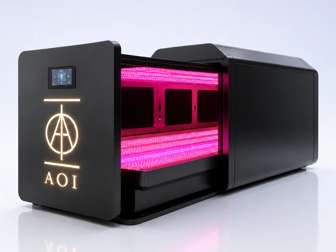 The AOI EARTH chamber, a horizontal capsule lit inside with magenta and pink LED strips