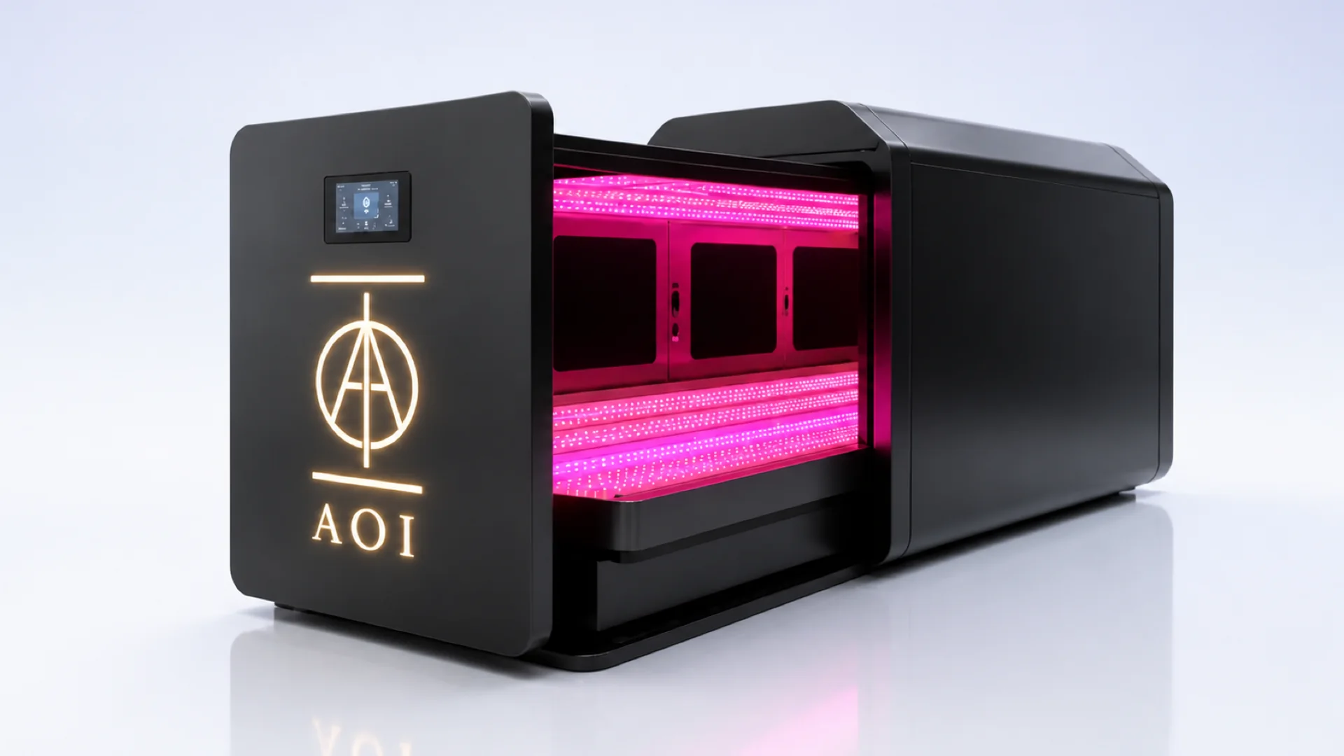 The AOI EARTH chamber, a horizontal capsule lit inside with magenta and pink LED strips