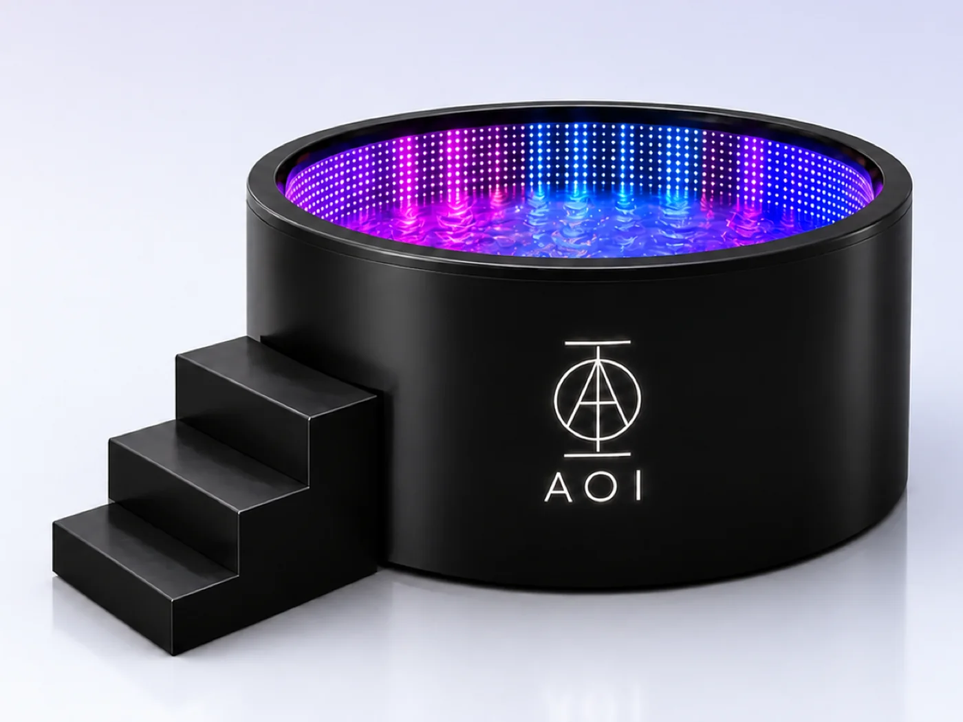 The AOI Frequency Plunge, a black circular bath ringed with violet and blue LEDs