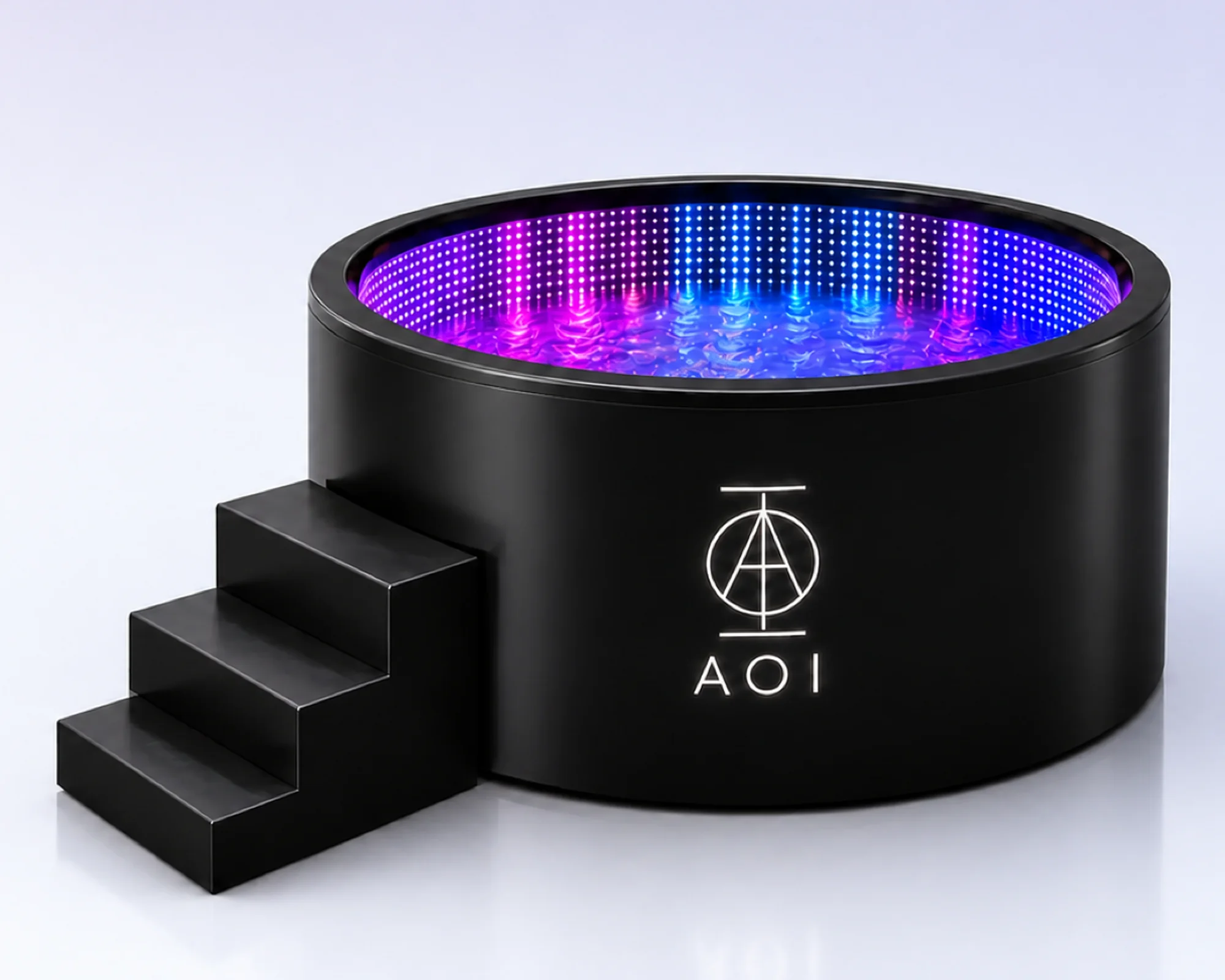 The AOI Frequency Plunge, a black circular bath ringed with violet and blue LEDs