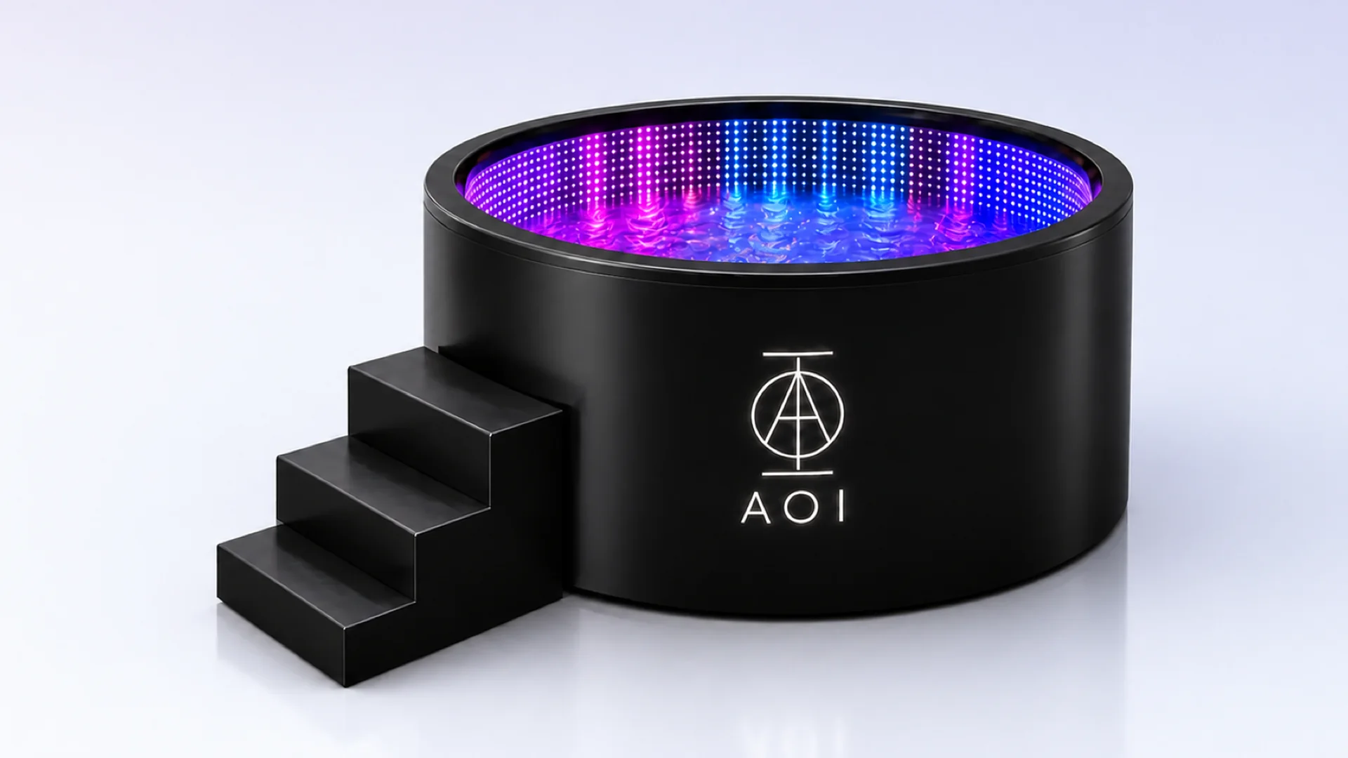 The AOI Frequency Plunge, a black circular bath ringed with violet and blue LEDs