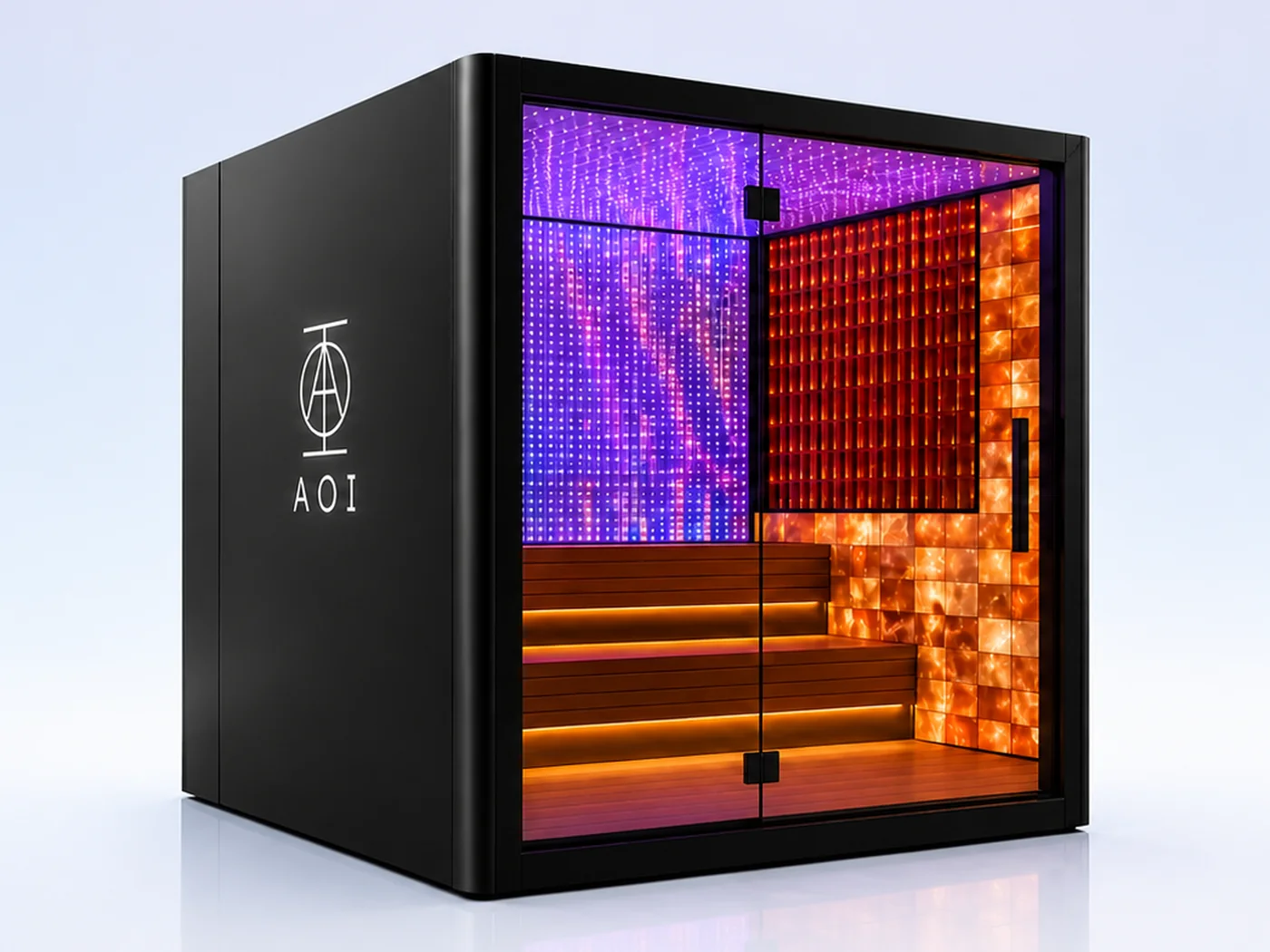 The AOI HEAT sauna, a black cabin with a salt-brick wall and violet LED panel behind timber benching