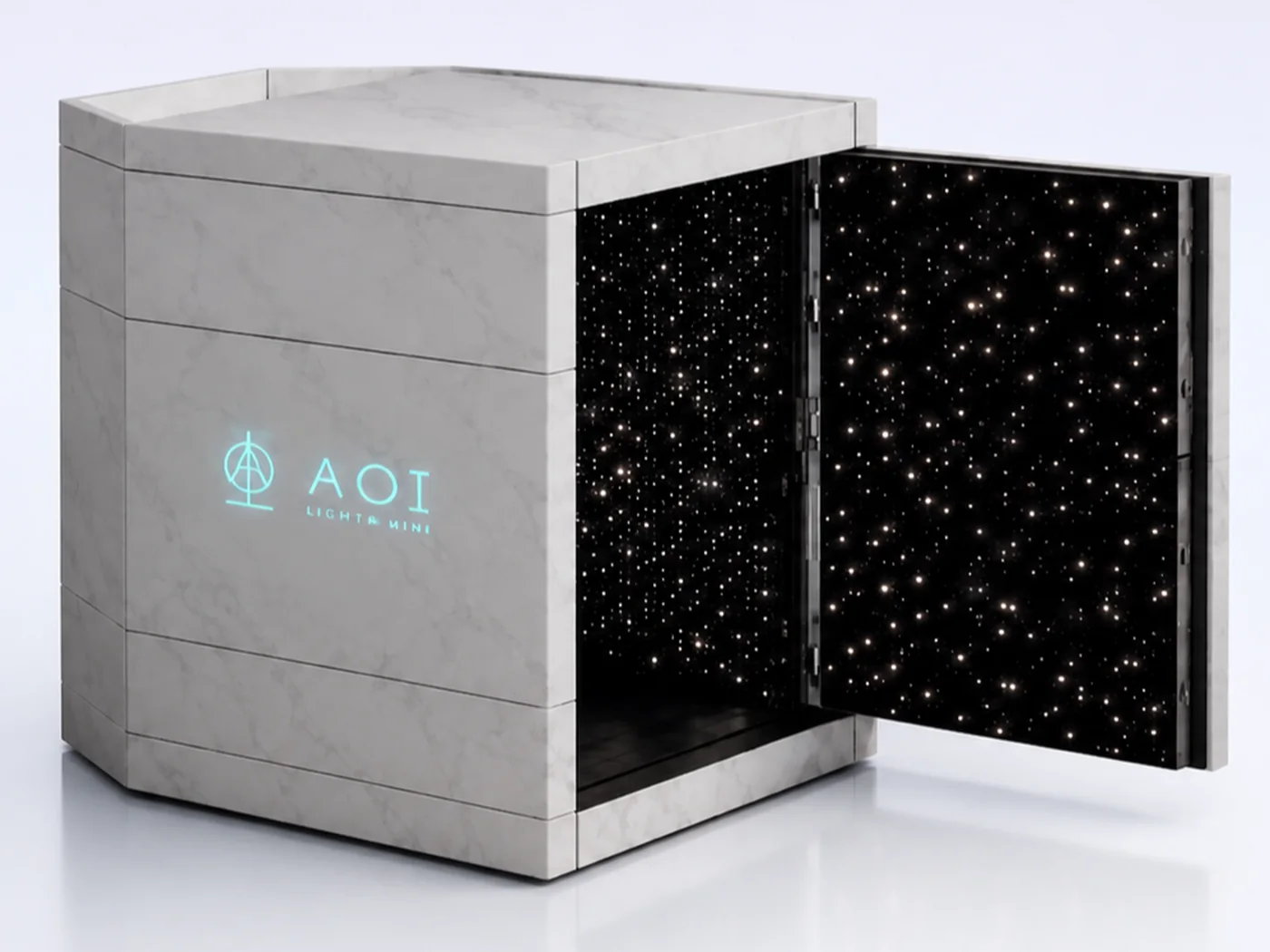The AOI Light Mini, a compact marble-clad chamber with a star-field LED interior