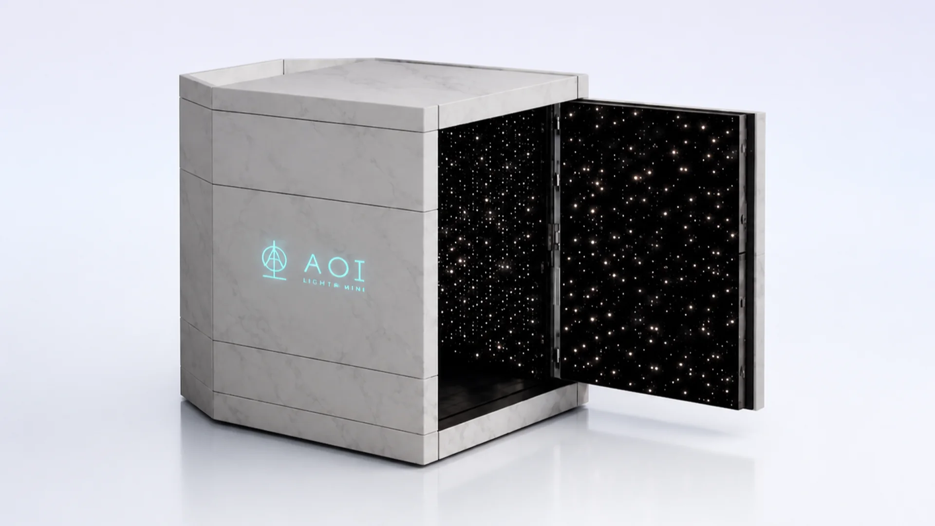 The AOI Light Mini, a compact marble-clad chamber with a star-field LED interior