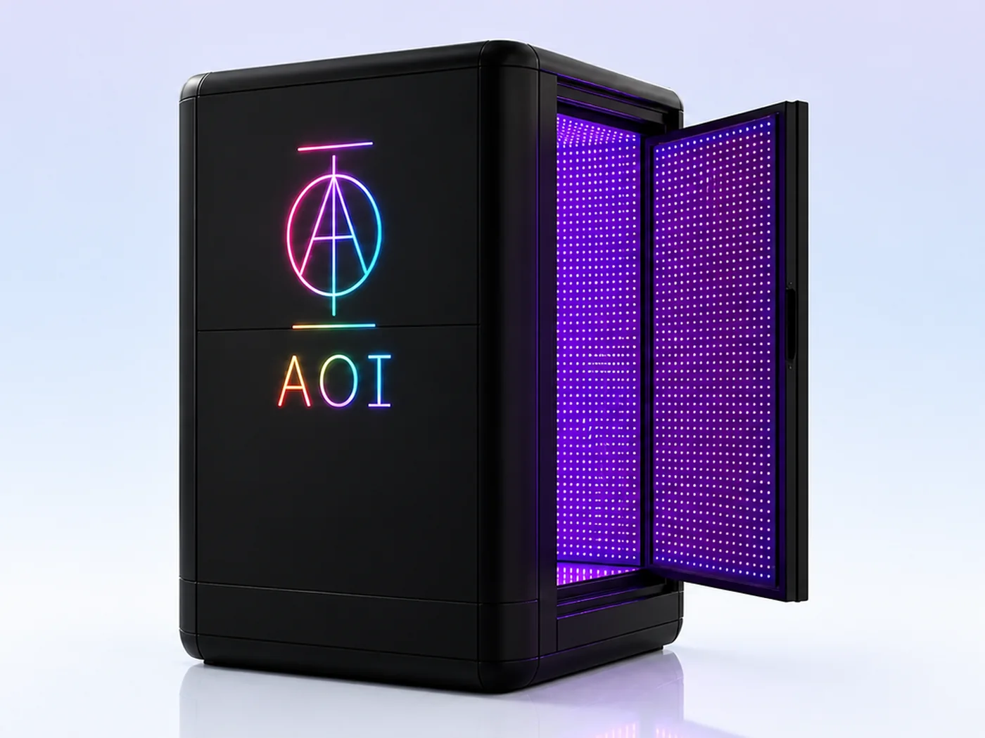 The AOI SPORTS PRO chamber in black, its illuminated logo beside an open door of violet LED panels